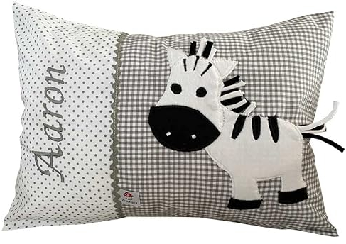 Glückspilz Namenskissen personalisiert, Babykissen mit Namen Bestickt, Zebra, Grau, 40 x 60 cm