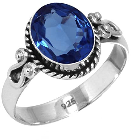 Jeweloporium Blauer Saphir Kunstsilberring Größe 54 (17,2), 925 Sterling Silber Ring für Damen, Ovaler Stein Handgefertigter Schmuck