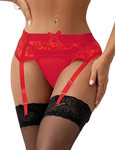 ohyeahlady Damen Strapsgürtel Spitze mit 4 Halter Strumpfhalter Strapsen Slips Dessous Set Strumpfband Hosenträger Hüfthalter(Rot,M-L)