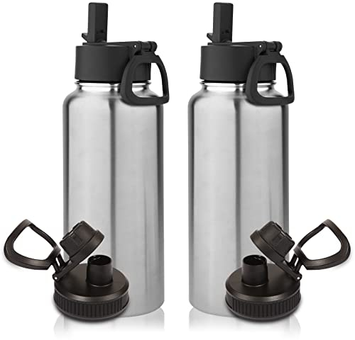 Volhoply 1L Botellas Agua Acero Inoxidable con Tapa de Paja 2 paquetes,Botella de Deporte Aislada con Dos Tapas, Termo de Agua de Metal de Doble Pared con Boca Ancha para Escuela, Niños(Plata ,2 Set)