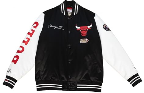 Mitchell & Ness NBA Team Origins Varsity Satin Jacket, farblich abgesetzte Ärmel, Druckknopf Verschluss, Herren, Frauen, Kinder, Unisex, Frühling, Sommer, Herbst, Winter