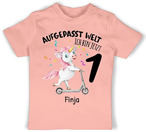Baby T-Shirt Mädchen Jungen - 1. - Aufgepasst Welt Ich Bin jetzt 1 Einhorn Geburtstag I Ich Bin 1 Geschenk 1 Jahr I Erster Geburtstag Geschenkideen mit Name - 12/18 Monate - Babyrosa