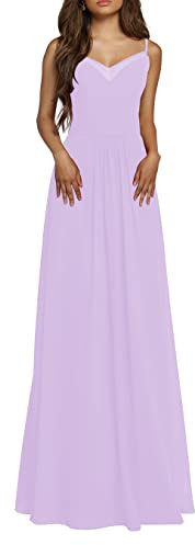 Vestidos de dama de honor de gasa larga sin mangas fuera del hombro correas espagueti piso longitud dama de honor vestidos una línea, Lila, 42
