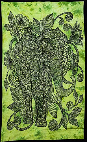 Aga's Own Mandala Tapisserie – Psychedelic Wall Art Hanging – Überwurf aus Baumwolle Tapisserie für Wohnzimmer, Schlafzimmer Home – ästhetisches Wandtuch für den Strand oder zu Hause (Elefant_Grün)