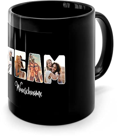 PhotoFancy® - Fototasse 'Team' - Personalisierte Tasse mit eigenem Foto und Text selbst gestalten - Schwarz glänzend