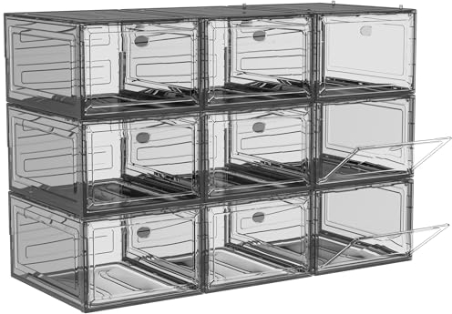 ARSTPEOE Shoe Storage Box, 9 Clear Foldable Shoe Organiser, Sneaker Display Case with Magnetic Door (Black)