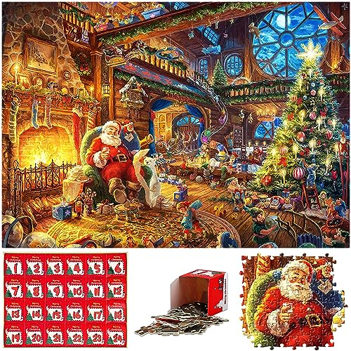 RONSTONE Adventskalender 2024 Puzzle - Weihnachts Jigsaw Puzzle - 24 Boxen - 1008 Teile Puzzles Countdown bis Weihnachten - Weihnachtsgeschenke für Erwachsene und Kinder - Weihnachtsmann Zwerge