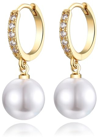 Pearl Dangle Earrings for Women, 925 Sterling Silver Pearl Drop Hoop Earrings, Hypoallergenic Teardrop Round Pearl Hoop Earrings with AAA+ Cubic Zirconias | Jewellery Gifts for Birthday Weeding