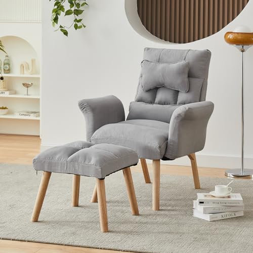 TUKAILAi Poltrona con Poggiapiedi in Velluto e lino, Poltrona Relax Imbottita Reclinabile fino 360°, Gamba di Legno Schienale Braccioli per TV Lettura Camera da Letto caffè Studio(Beige)
