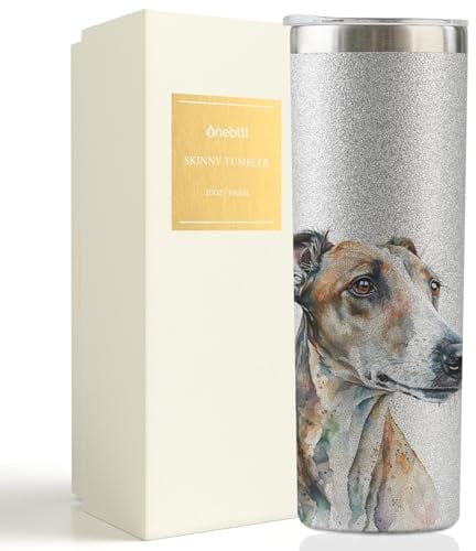 Onebttl Greyhound Dog Mom Gifts - 20oz Stainless Steel Insulated Skinny Tumbler with Lid & Straw, Silver Glitter - Watercolour Greyhound Design