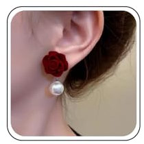 Aneneiceera Vintage Rote Samt Blume Ohrringe - Perlen Ohrstecker Mit Rose Und Wildleder Blume - Schmuck Für Frauen Und Mädchen