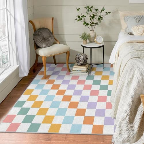 Buyluhn Waschbarer Teppich Bunt Kariert 100x150 Kurzflor für Wohnzimmer, Schlafzimmer - Schachbrett Dünn Bettvorleger Saugfähig für Jugendzimmer Jungen Mädchen