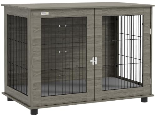 PawHut Indoor-Hundebox, Beistelltisch, 100 x 60 x 73,5 cm, Hundehütte für Hunde bis 30 kg, mit abnehmbarem Kissen und verschließbarer Tür, einfache Montage, grau