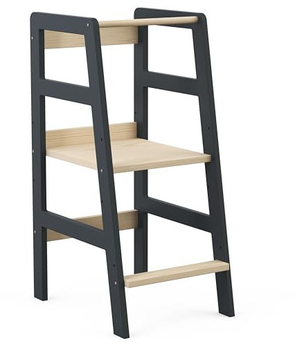 Bellabino Milo Lernturm für Kinder Grau/Natur, 3-Fach höhenverstellbar, Montessori Lernturm ab 1 Jahr aus Kiefer Massivholz, Küchenhelfer für Kinder Trittschemel