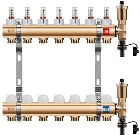 MD Technic Heizkreisverteiler Messing 7 Heizkreise Ohne Kugelhahn | Durchflussmesser, Handventilen, Montage/Wandhalterungen, Endset zum Befüllen, Auto. Schnellentlüftern, von 2 - 16 Heizkreisen