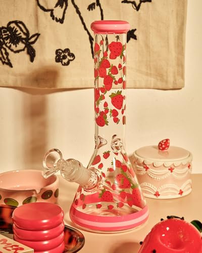 Summer Sunset LTD Glass Strawberry Bong, Beaker Shape, 24.5cm Tall, 369g, Pink, Hand-Painted Strawberries & Hearts, Ice Catcher, Complete Set with 14.5mm Bowl Piece & Downstem