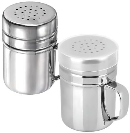 Stainless Steel Salt Shaker Duster - Versatile Sugar Salt Pepper Shaker And Popcorn Sprinkler With Lid & Easy-Grip Handle | 6 Oz, Pack Of 2