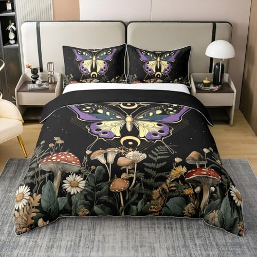 Homewish Baumwolle Bohemian Butterfly Bettbezug 135x200 Sterne Mond Galaxy | Bettwäsche Set Pilz Daisy Botanical Tröster Abdeckung Gothic Moth Wild Animals Floral Bett Set Lila