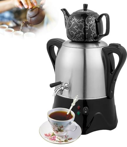 QINPI Teiera Elettrica Turca, Teiera Elettrica da 2000 W, Bollitore Doppio in Acciaio Inox con Infusore, Teiera in Acciaio Inox da 3 Litri, Teiera in Ceramica da 1 Litro, con Funzione di Mantenimento