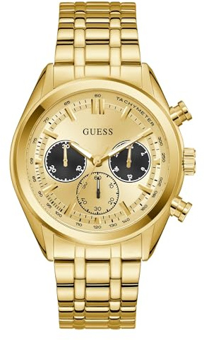 Guess Dawson Men's Watch with Date Display, Gold Stainless Steel Strap, Mineral Glass, Gold Dial, 5 Bar, Case Diameter: 44 mm, GW0971G2