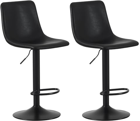 mcc direct Set of 2 Bar Stools, Height Adjustable Swivel Barstools, Counter Stools with Backrest, Faux Leather Seat, Footrest and Metal Base for Home, Kitchen and Restaurant (Black) - Stefan