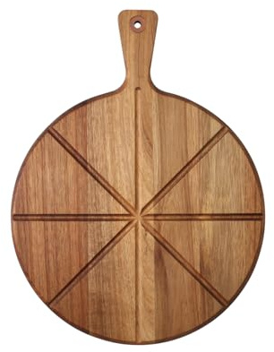 Dexas Acacia Wood Pizza Cutting Board, 14-Inch Round Paddle Board with Built-in Portion Grooves, Food Safe & Reversible
