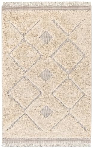 Primaflor Wohnzimmer-Teppich ARVANA Rechteckig 160 x 230 cm | Creme-Weiß | Hochflor | Boho mit 3D-Rautenmuster & Fransen | Oeko-Tex Zertifiziert | fußbodenheizung geeignet | pflegeleicht