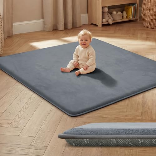 ACOMOPACK 3,5 cm dicke Spielmatte aus Memory-Schaumstoff für Babys, 127 x 127 x 3,5 cm, Kinderlaufstallmatte für Bauchlage, rutschfeste samtweiche Krabbelmatte (Grey, 127 x 127 cm)