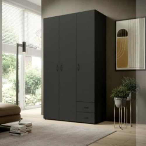 Arthauss Modern Graphite Stella Trading BASE Hinged Door Wardrobe – W121 x H176 x D51 cm | Sleek Storage with Multiple Shelves for Compact Bedrooms