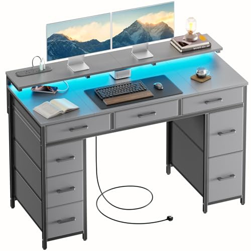 DLONGONE Computer Desk with 8 Storage Drawers, 120 x 50 cm Home Office Desk with LED Lights & USB Power Outlets, Gaming Table with Monitor Stand, Study Writing Work Table for Bedroom, Grey