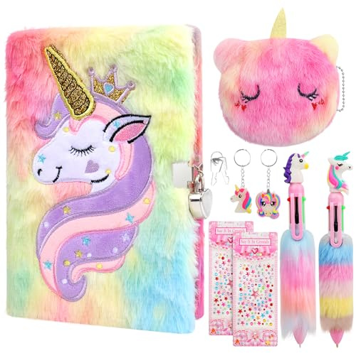 Unicorn Secret Diary for Girls, Lockable Girls Diary Gift Set, 160 Pages | Unicorn Magical Stationery Gifts for 6-13 Year Old Girls - Fluffy Notebook with 2 Pens, Glow Keyrings & Stickers, Pink