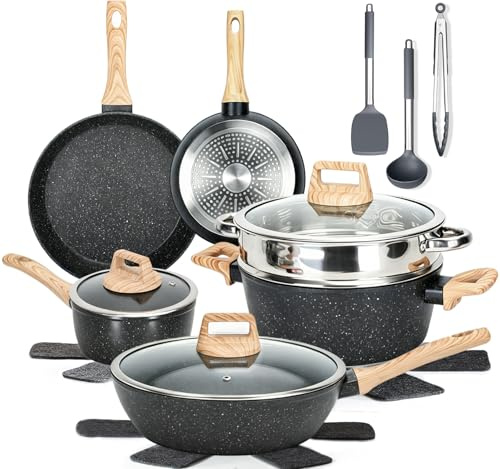Pots and Pans Set Nonstick, 16 Pcs Cookware Set with Handle, Induction Hob Pan Set, Kitchen Cookware with Steamer, Granite Cooking Set with Frying Pans, Saucepans, Saute Pan, PFOS and PFOA Free