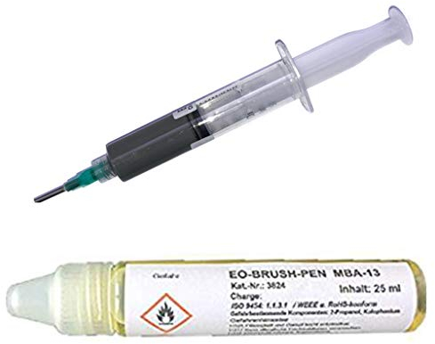 EO SMD-Lötset Nr. 8 (Rework-Paste EO-RP-001 Spritze, 20 g, SnAg3Cu0,5 (T4) + EO-Brush-Pen MBA-13, 25 ml, (No-Clean Flux, 16% Feststoff, hoher Kolophoniumanteil)
