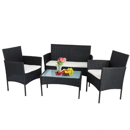 Panana Rattan Garden Furniture 4 Piece Set Table Chair Sofa with Cushions Patio Balcony Outdoor Conservatory Indoor (Black Wicker with Beige Cushions)