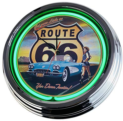 US-Way.de Route 66 WallClock Deko-Clock – 44 cm Durchmesser, Deko-Wanduhr ohne Tickgeräusche und gut lesbares Display, USA 50er-Jahre-Stil Neon-Uhr für Küche, Büro (Grun)
