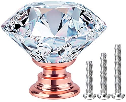 Mostfun 15Pack 30mm Crystal Glass Door Cabinet Knobs Diamond Cut Drawer Handles for Cupboards Wardrobes Drawers Home Decoration with 3 Lengths of Screws (Rose Gold)