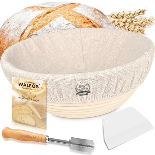 Walfos Round Banneton Proofing Basket Se t9/23cm - French Style Sourdough Bread Basket, 100% Natural Rattan - Hand Crafted Bread Lame, Linen Cloth Liner & Dough Scraper Included, Professional Bakers