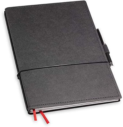 A5 revolutionäres X17-Notizbuch! Vegan, deutsches Zellulose-Material, schwarz, mit Geschenkbox; Innen: 2x Notizen(blanko, kariert), Stifthalter, Doppeltasche, Mini Stift; austauschbar, Made in Germany