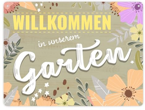 Willkommen in unserem Garten Metallschild XXL mit Blumen Schrift Holzoptik Motiv