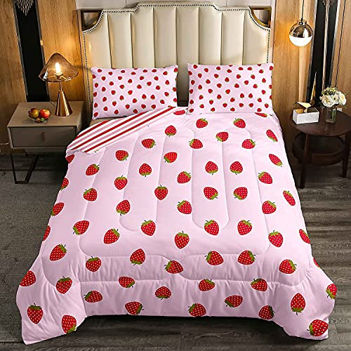 Erdbeere Tröster Set Mädchen Rosa Süß Obst Drucken Bettdecke Kinder Jugendliche Erdbeeren Streifen Daunendecke Microfaser Steppbett Dekor Winter Sommer Bettdecke 135x200cm für 4-Jahreszeiten