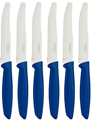 Tramontina Kitchen Knives Set of 6, Serrated Fruit Tomato Cooking Knife, Vegetable Chopper Peeler, Stainless Steel, Multipurpose, Rounded Tip, Blue, 23498155