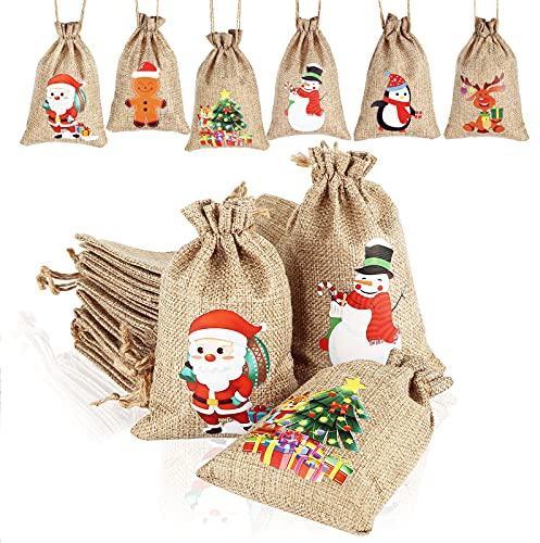 AUERVO 24pcs Christmas Jute Burlap Bags, Xmas Jute Linen Burlap Drawstring Gift Candy Pouch Snack Sack Craft Goodie Bags for kids Xmas Party Favors