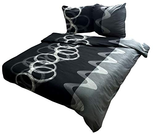 Leonado Vicenti Fleece Bettwäsche 200x200 cm 2X 80x80 cm 3teilig Kreise Ringe Schwarz Warme Garnitur Winter Set Bezug Kissen mit Reißverschluss