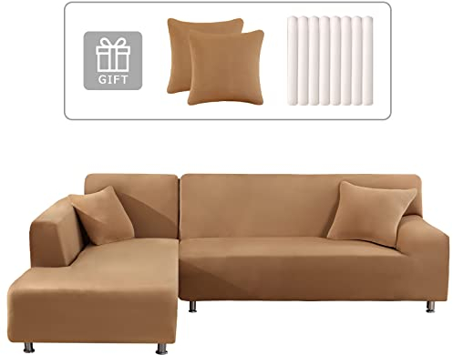 Lydevo Sofabezug Ecksofa L Form Sofa Überwürfe Stretch Sofabezug L Form Rechts oder Links mit Zwei Kissenbezügen Waschbar Universal-Couchbezug L Form Sofa Cover L Shape(3 Sitzer+4 Sitzer,Kamel)