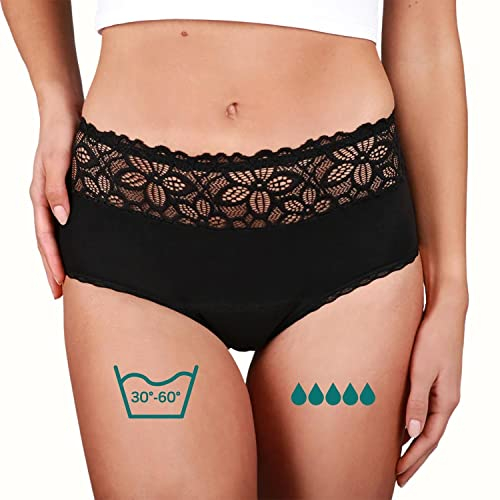 Taynie Deluxe extra stark Periodenunterwäsche Starke Blutung - Periodenwäsche - Menstruationsunterwäsche - ersetzt 4 Tampons, Periodenslip Tragedauer bis 12 Std., waschbar bis 60°C (60,Schwarz)