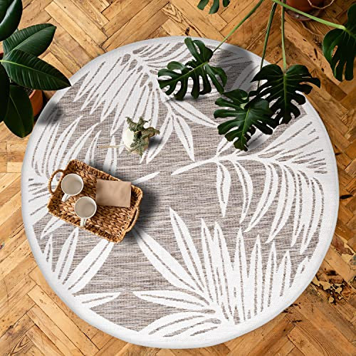 payé Outdoor Teppich Rund - 200x200cm - Wetterfest - Beige Weiß - Pflanzen Muster - Teppiche für Terrasse Balkon Garten Indoor