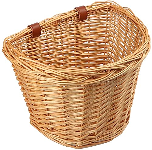 AVASTA Wicker Fahrradkorb für Cruiser Fahrräder Herren Citybikes,Vorderlenker Aufbewahrungskorb für Erwachsene,Wasserdicht mit Lederriemen,Aus natürlicher Weide,Fahrradzubehör,Größe M,Honiggelb