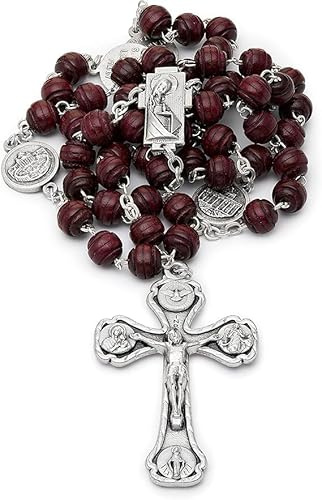 Mondo Cattolico Runde Rosenkranzperlen aus Holz mit den vier Basiliken Vater Unser und dem Vier-Wege-Kreuz, Holz