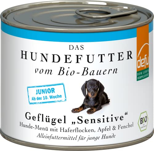 defu Hundefutter | 12 x 200 g | Junior Bio Geflügel Sensitiv | Premium Bio Nassfutter Menü für Junge Hunde