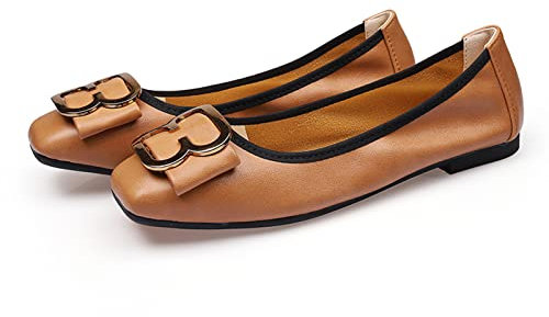 MACHSWON Womens Fold up Pumps Casual Roll up Shoes Square Toe Mental Buckle Slip on Loafers Dressy Flats Dolly Shoes(Dark Khaki, Size 8.5)